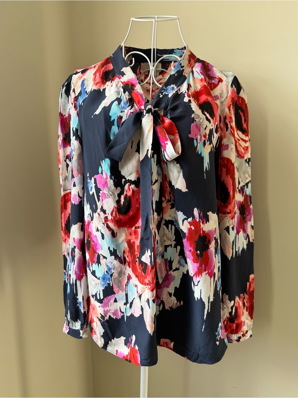 Kate Spade Tie-Neck Floral Blouse Silk - Navy Multi size M